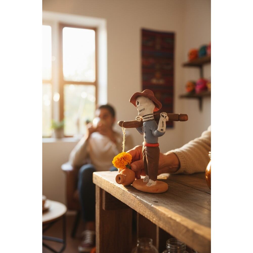 Vintage Day Of The Dead Clay Figure Carrying Jug